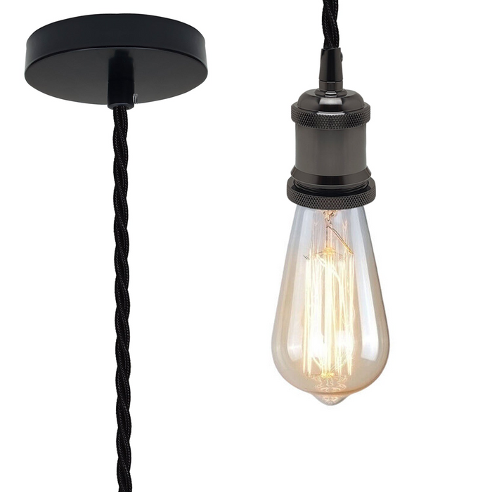 Vintage Shiny Black Metal Ceiling Fitting Black Twisted Braided Flex 2m E27 Lamp Holder Pendant Light