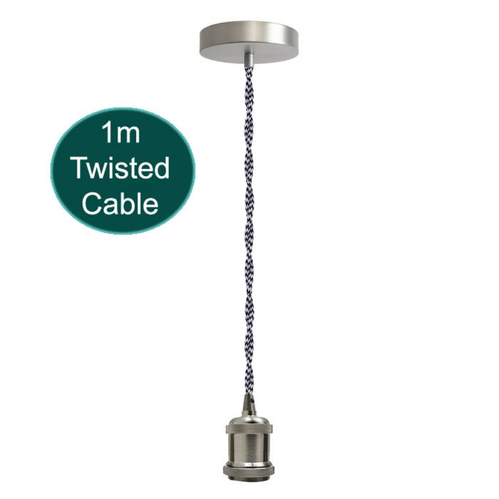 1m Black And White Twisted Cable E27 Base Satin Nickel Holder