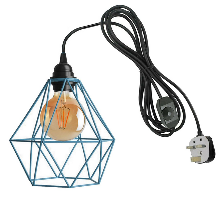 Dimmer Switch Plug In Pendant Lamp Light Set With Blue Wire Cage