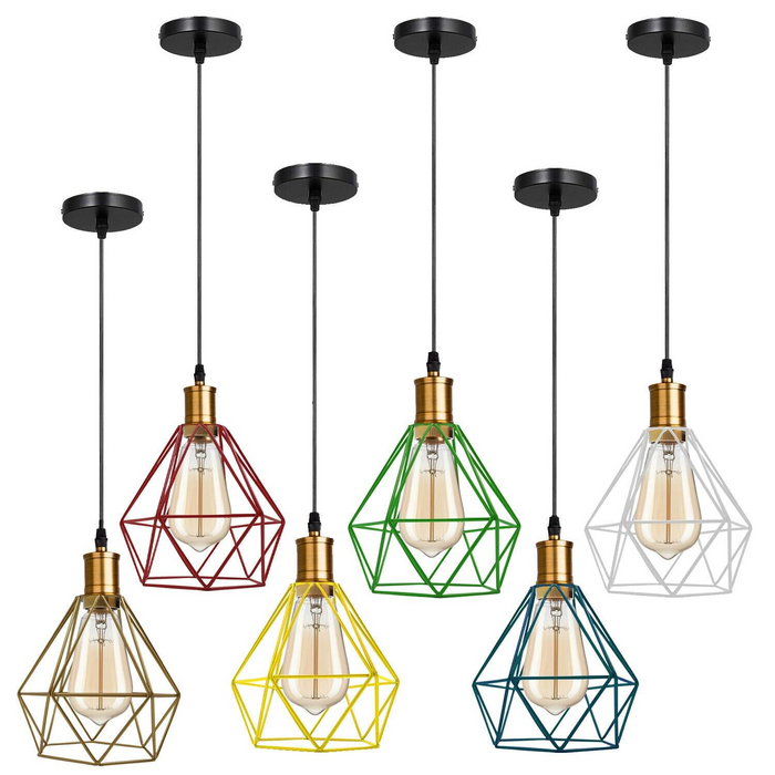 Modern Vintage Diamond Cage Ceiling Pendant Light Fitting Geometric Wire Cage Style Hanging Indoor Lights with 95cm Adjustable Wire