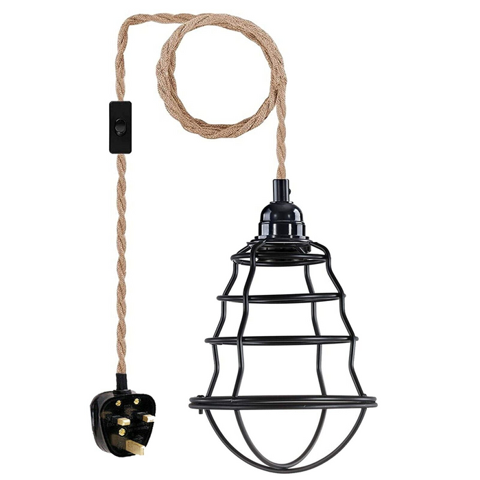 Fabric Hemp Flex Cable kit Black Plug In Pendant Lamp Light E27 Fitting Vintage Lamp