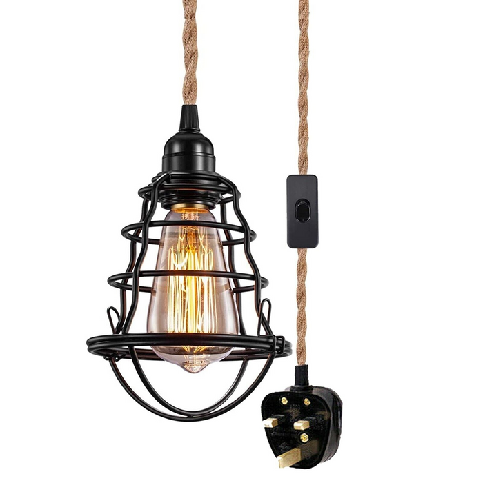Fabric Hemp Flex Cable kit Black Plug In Pendant Lamp Light E27 Fitting Vintage Lamp