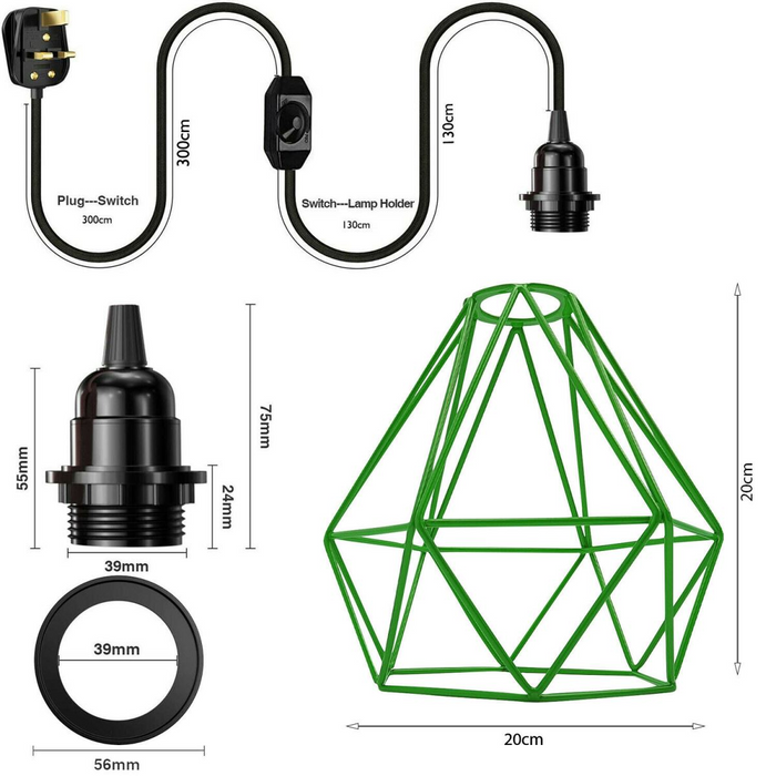 Black Dimmer Switch Plug In Pendant Light Green Diamond cage