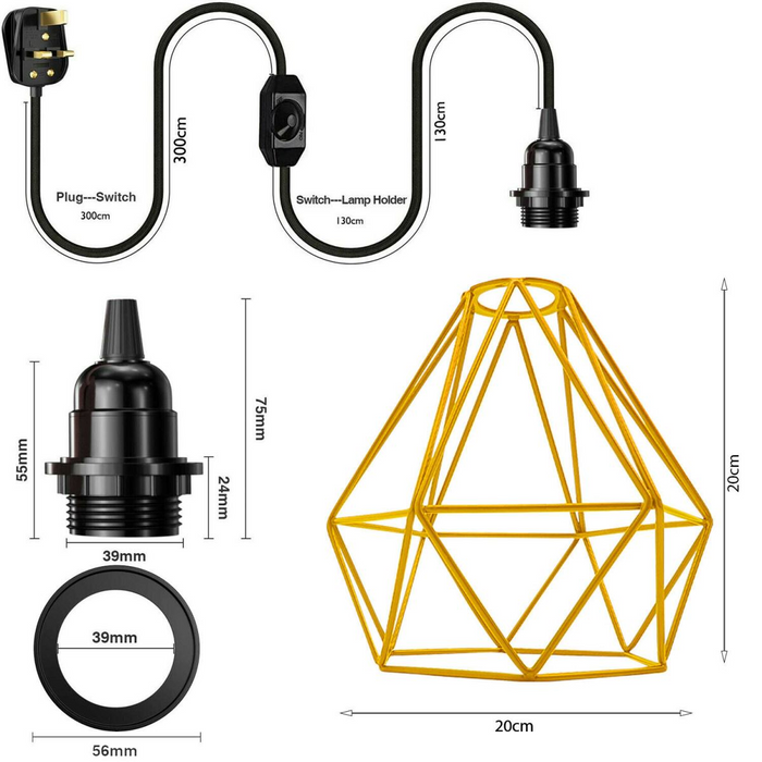 Dimmer Switch Plug In Pendant Lamp Light Set With Yellow Diamond Shade