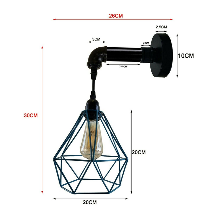 Modern Vintage Industrial Sconce Retro Pipe Lamp Wall Light Diamond Style Cage