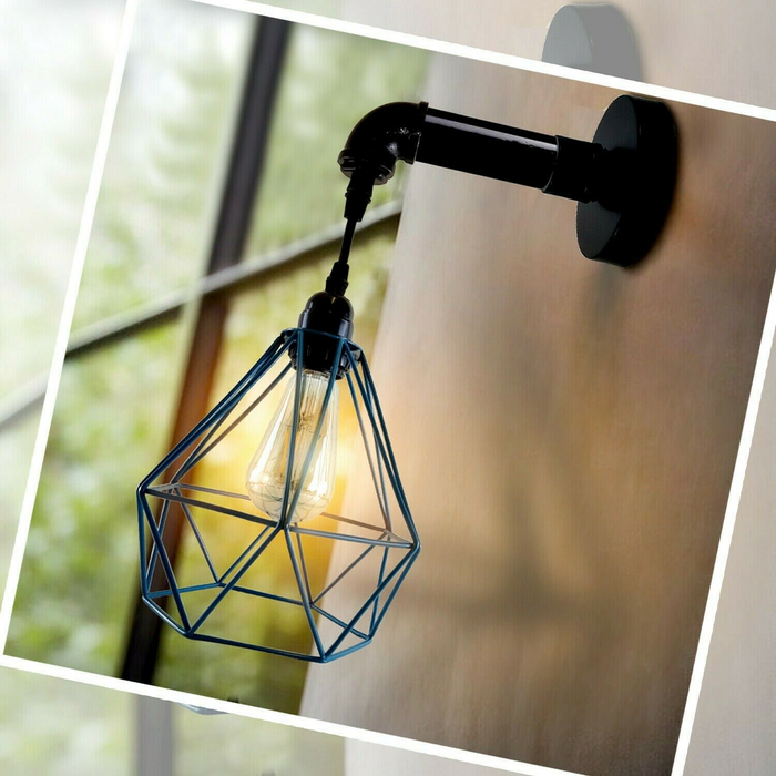 Modern Vintage Industrial Sconce Retro Pipe Lamp Wall Light Diamond Style Cage