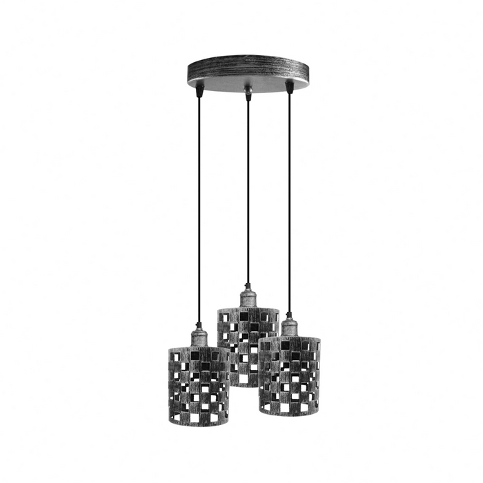 Industrial Vintage Retro light 3 way Brushed Silver cage pendant Round ceiling e27 base