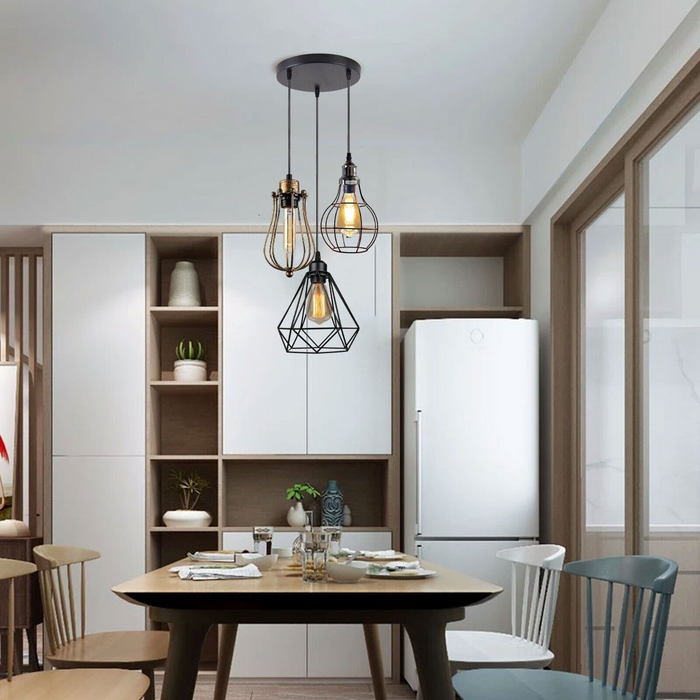 Industrial Kitchen Island Chandelier 3 Light Cage Ceiling Hanging Pendant Lamp