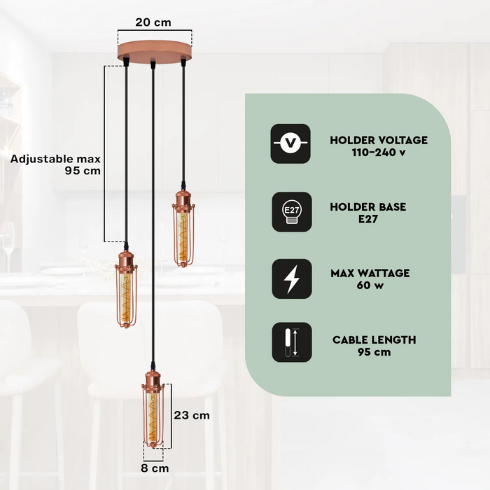 3 Head Round Base Rose Gold Ceiling E27 Pendant Light,Wire Cage,Hanging Lamp