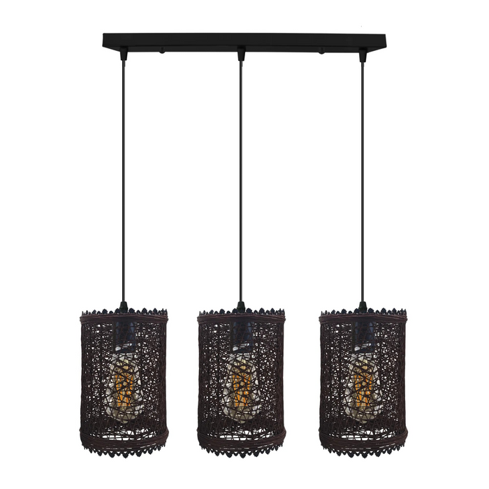 3 Head Rectangle Wicker Rattan Ceiling Pendant Shade E27 cord Hanging Lights