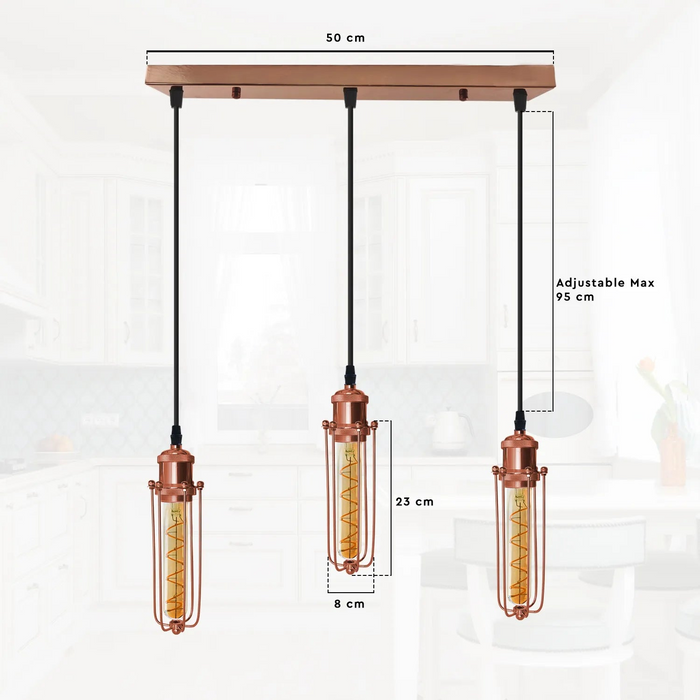3 Head Rectangle Rose Gold Ceiling E27 Pendant Light,Wire Cage,Hanging Lamp