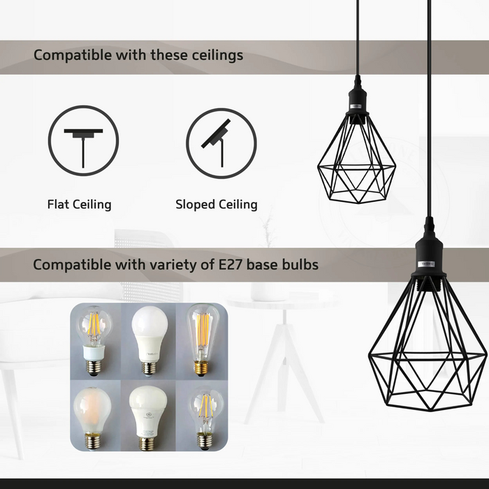 E27 White Hanging Light Cage Shade Loft Style Metal Ceiling Pendant Lamp