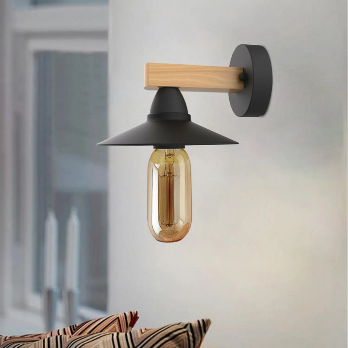 2Pack Black LED Wall Light Sconce Wood,15cm Lamp Shade,E27 Lamp Holder