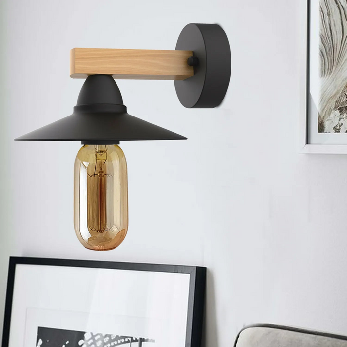 2Pack Black LED Wall Light Sconce Wood,15cm Lamp Shade,E27 Lamp Holder