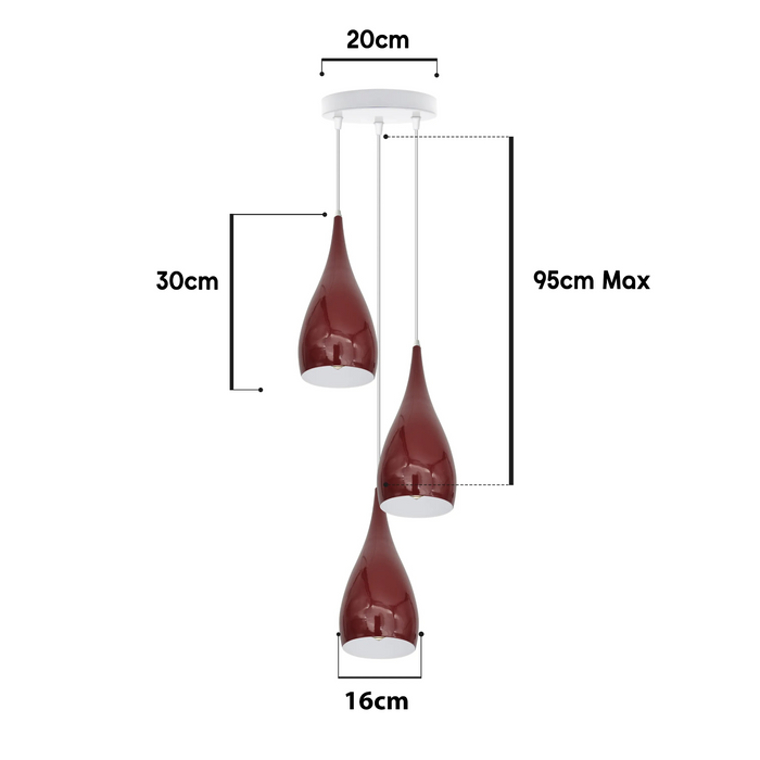 3 Head Modern Metal E27 Burgundy Teardrop Pendant Light Hanging Light Fixture