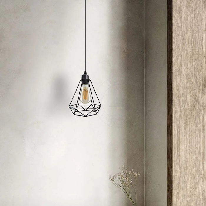 Black diamond-shaped wire cage metal,E27 cord ceiling hanging pendant lighting