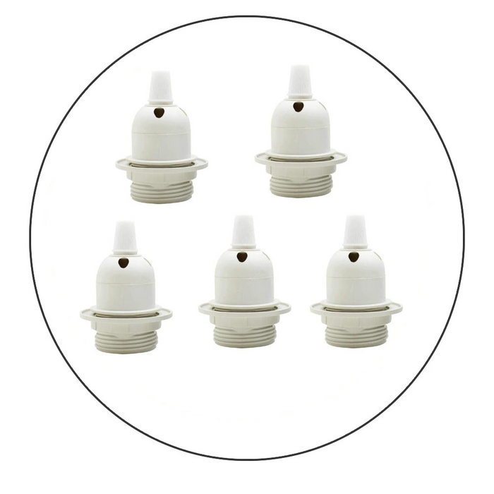 5 pack Edison E27 White Lamp Pendant Bulb Holder with Shade Ring & Cord Grip