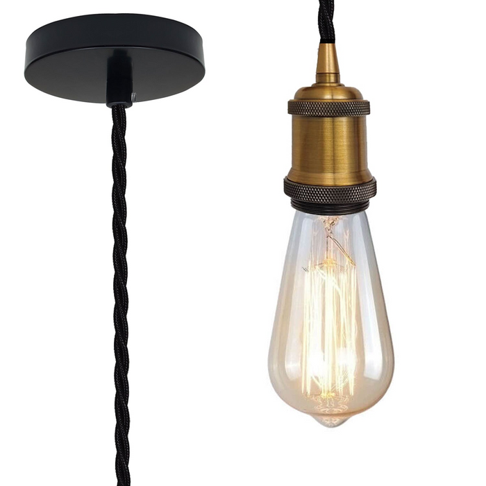 Vintage Yellow brass Metal Ceiling Fitting Black Twisted Braided Flex 2m E27 Lamp Holder Pendant Light