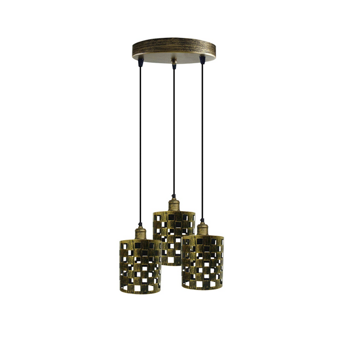 Industrial Vintage Retro light 3 way Brushed Brass cage pendant Round ceiling e27 base