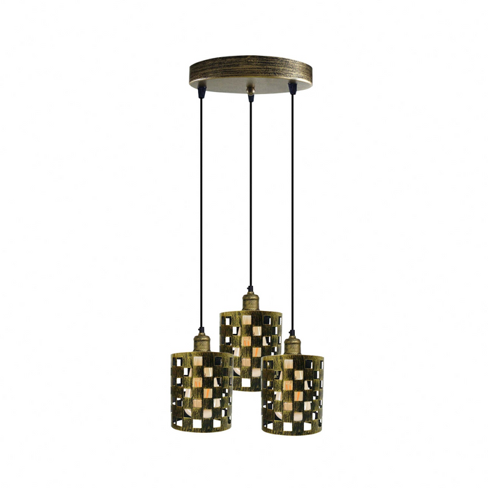Industrial Vintage Retro light 3 way Brushed Brass cage pendant Round ceiling e27 base