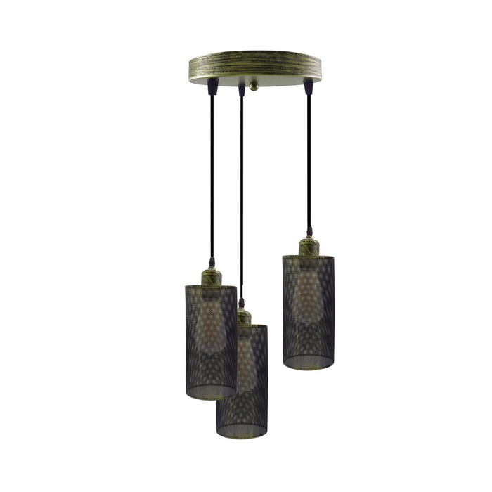 Industrial vintage Retro3 way Round ceiling Brushed Brass cage pendant light E27 Uk Holder