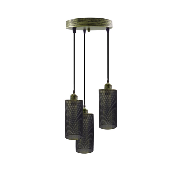 Industrial vintage Retro3 way Round ceiling Brushed Brass cage pendant light E27 Uk Holder