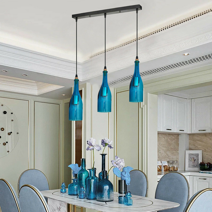 Industrial Ceiling Pendant Light 3 Head Blue Glass Lampshade