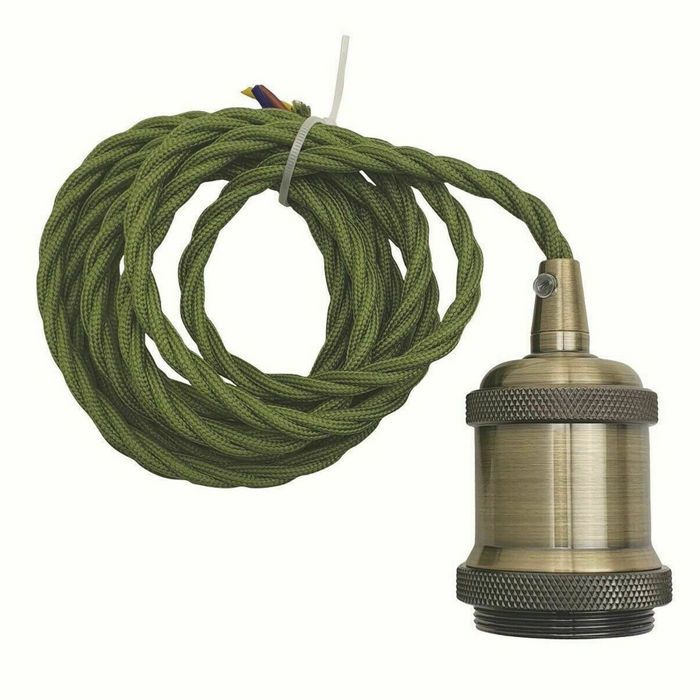 2m Army Green Twisted Cable Pendant E27 Base Green Brass Holder