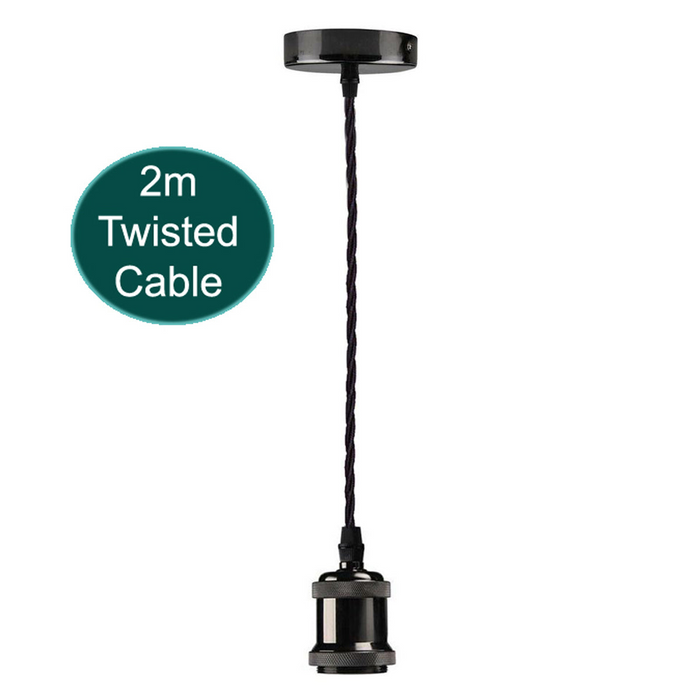 2m Black Twisted Cable Pendant E27 Base Shiny Black Holder