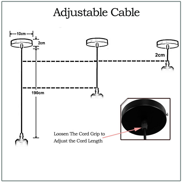 2m Black Twisted Cable Pendant E27 Base Shiny Black Holder