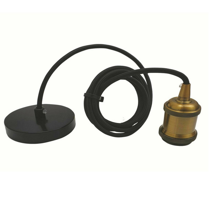 2m Black Round Cable E27 Base Yellow Brass Holder