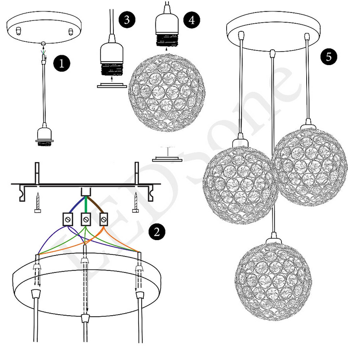 Globe Crystal Glass Light Shade 3 Outlet Pendant Ceiling