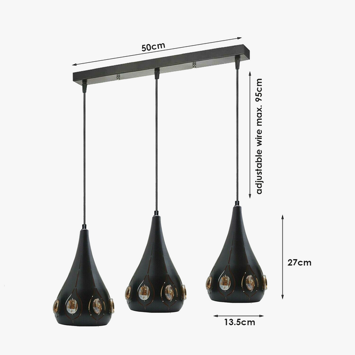Modern Retro Industrial Crystal Ceiling Light Black Shade 3Head Hanging Pendant Lights