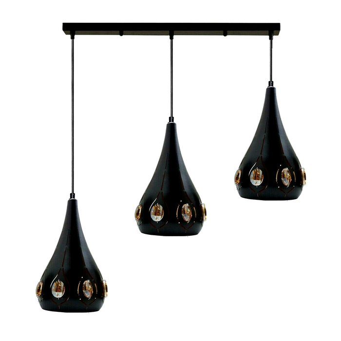 Modern Retro Industrial Crystal Ceiling Light Black Shade 3Head Hanging Pendant Lights
