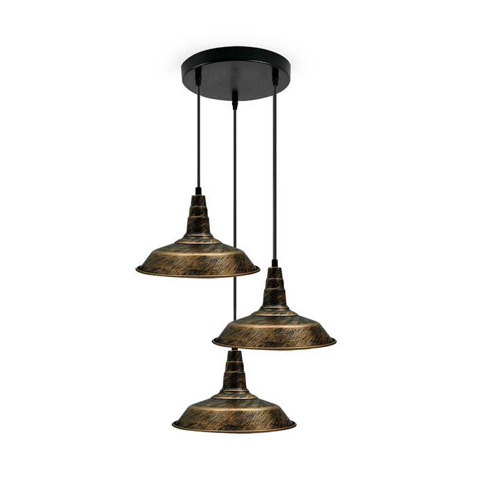 Industrial Vintage 3 head Lights Pendant Round Ceiling Light 26cm Bowl Shade Brushed Copper