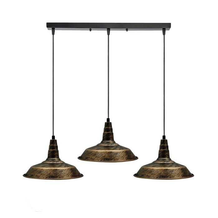 Industrial Vintage 3 head Lights Pendant Rectangle Ceiling Light 26cm Bowl Shade Brushed Copper