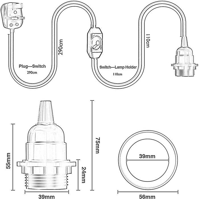 4M Fabric Flex Cable UK Broun colour Plug In Pendant Lamp Light Set E27 Bulb Holder+ switch