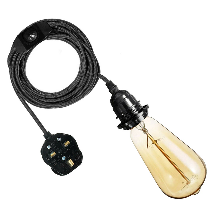 4M Fabric Flex Cable UK Black colour Plug In Pendant Lamp Light Set E27 Bulb Holder+ switch