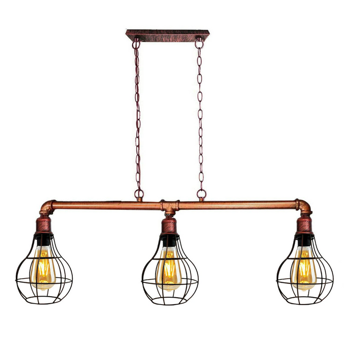 Industrial Pipe Pendant Light | Zayn | Cage Light | Rustic Red | 3 Way