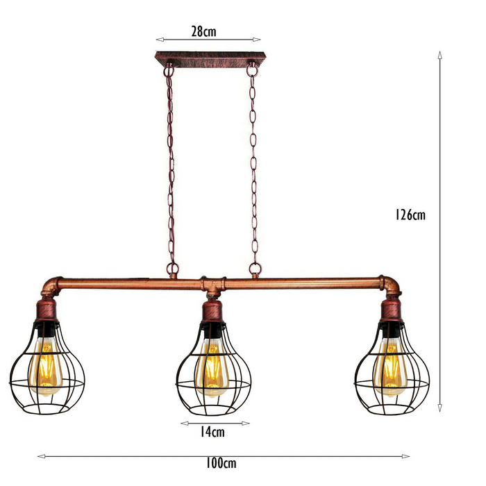 Industrial Pipe Pendant Light | Zayn | Cage Light | Rustic Red | 3 Way