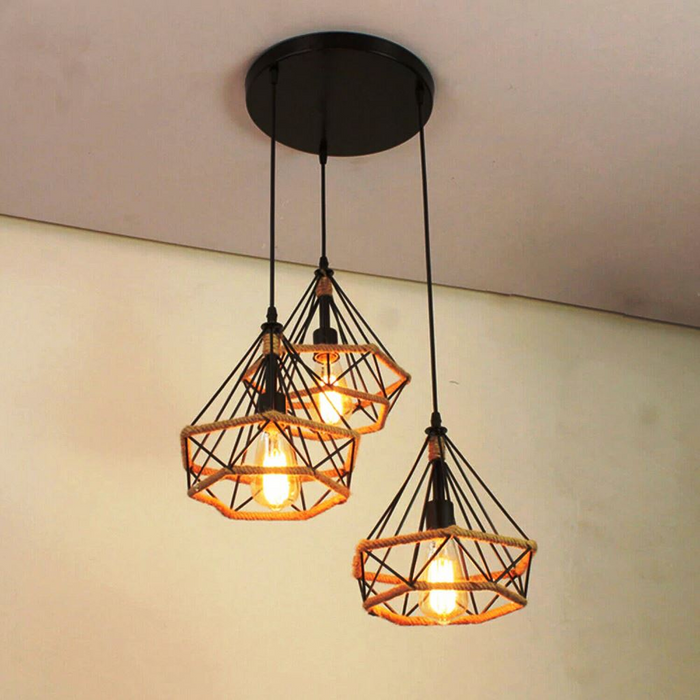 Vintage Cluster Pendant Light | Whitney | Hemp Cage Light | 3 Way
