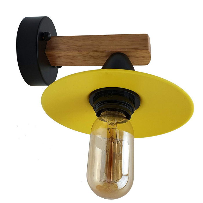 Vintage Wall Light | Eric | Wooden Base | Yellow Shade
