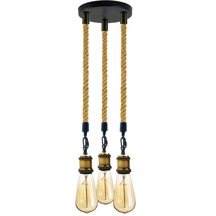 Vintage Pendat Light | Raul | Hemp Rope | 3 Way | Yellow Brass