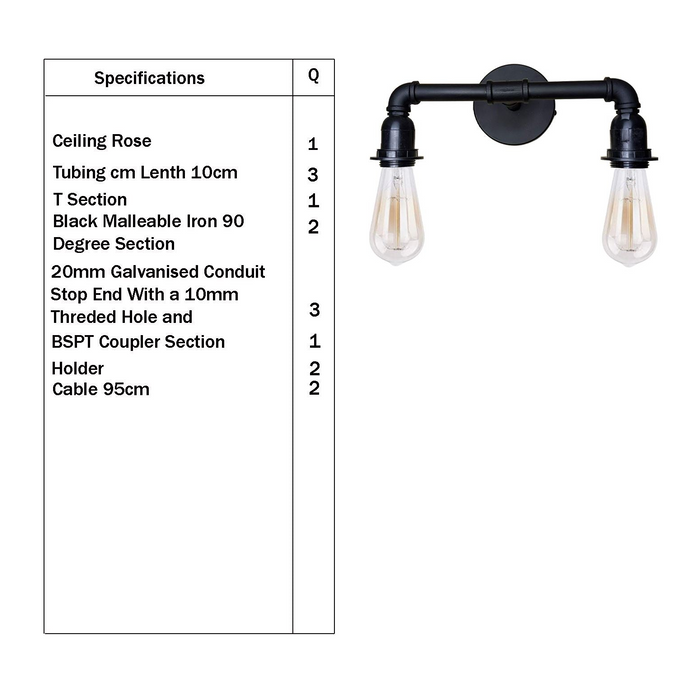 Industrial Wall Light | Hank | 2 Bulb Pipe Lighting | Black