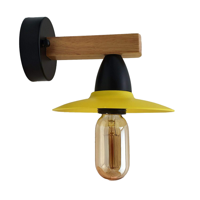 Vintage Wall Light | Eric | Wooden Base | Yellow Shade | 2 Pack