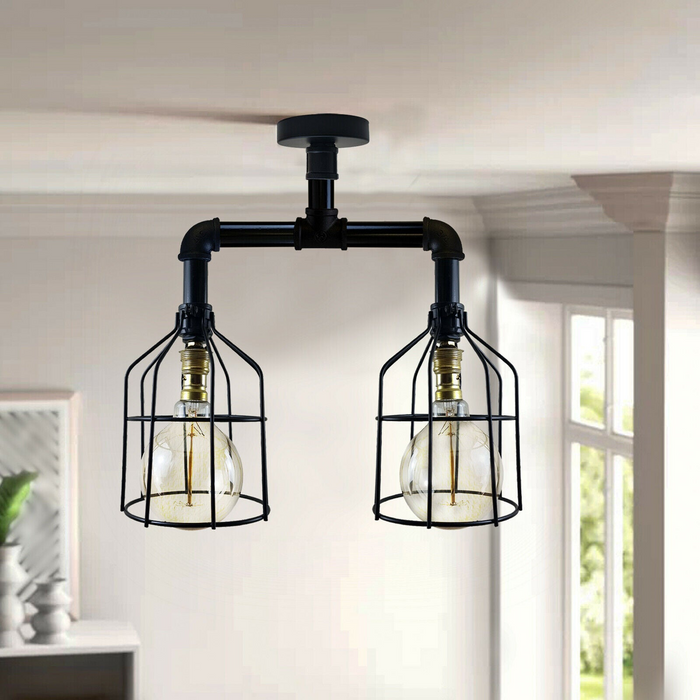 Cage Ceiling Light | Di | Pipe Lighting | Industrial | 2 Way | Black